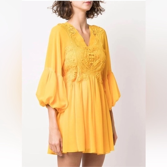 Self-Portrait Chiffon Mini Dress V Neck Embroidered Lantern Sleeve Dress - Picture 3 of 8